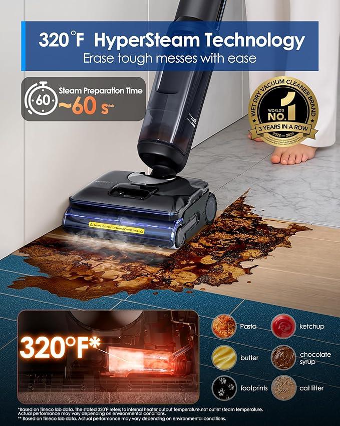 Tineco Floor One S7 Stretch Steam Cordless Wet Dry Vacuum Steam Mop All-in-One, 320℉ HyperSteam, 180° Lay-Flat, Anti-Tangle Design, FlashDry Self-Cleaning, Up to 75 Min Runtime - NeatNest