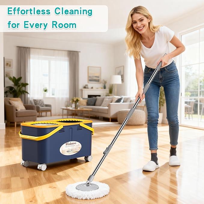 2025 Upgraded Gen 1 Mop and Bucket with 360° Swivel Wheels for Easy Rolling, Clean & Dirty Water Separation, Hands-Free Wringer, 6 Microfiber Mop Heads for Wood, Tile, and Floor Cleaning – Blue/Yellow - NeatNest