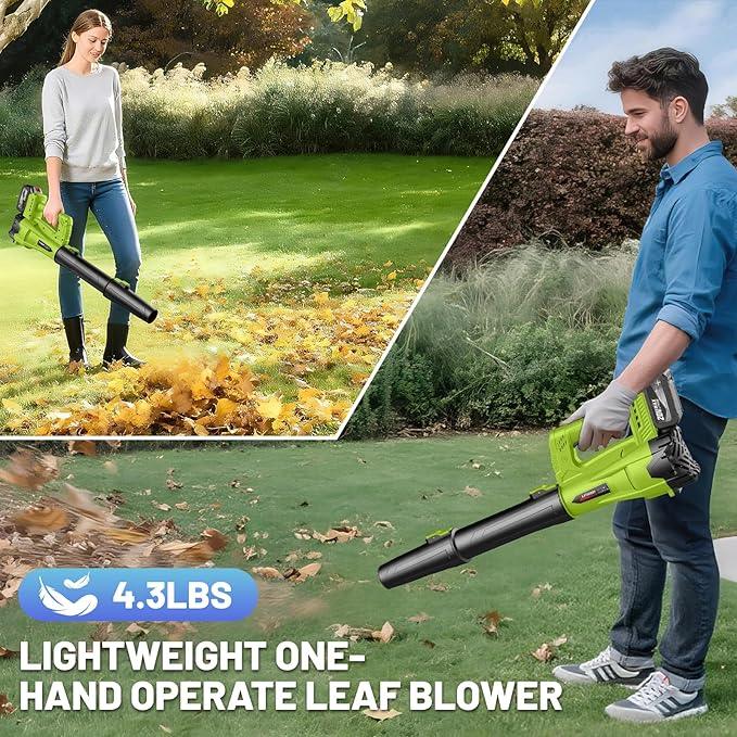 Leaf Blower Cordless with 2 x 4.0 Ah Battery and Charger, 160MPH/580CFM High Power Lightweight Handheld Electric Snow Blower with 2 Extended Tubes for Lawn, Yard, Leaves, Dust, Snow Care (Green) - NeatNest