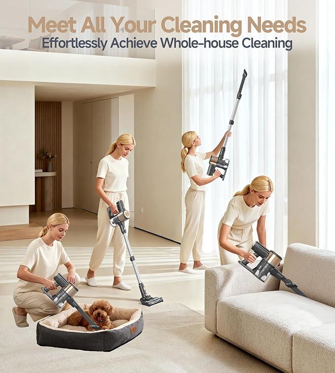 N17 Cordless Vacuum Cleaner, Upgraded Lightweight Stick Vacuum for Home, 45mins Runtime, Powerful Suction, Self-Standing, Anti-tangle, Rechargeable Vacuum for Hard Floor Carpets Pet Hair (Gold) - NeatNest