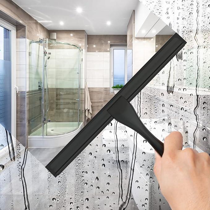 All-Purpose Stainless Steel Shower Squeegee for Shower Doors with 2 Adhesive Hooks, Bathroom Cleaner Tool Household Window Mirror Squeegee for Home Cleaning, Glass Door, Tile Wall, Car, 12 Inch Black - NeatNest