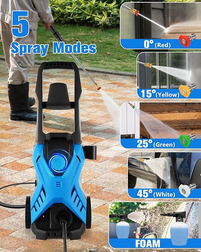 Electric Pressure Washer, 2.8 GPM High Power Washer Adjustable Pressure 2500PSI-5000PSI with 33FT Extension Hose, 4 Nozzles and Soap Bottle for Cars/Fences/Driveways - NeatNest