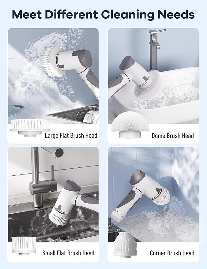 Electric Spin Scrubber,Power Scrubber Dual Speeds Cordless Shower Scrub Brush with Handle,Cleaning Brush with IPX7 Waterproof,8 Brush Heads for Kitchen,Tile,Tub (Short Purple) - NeatNest