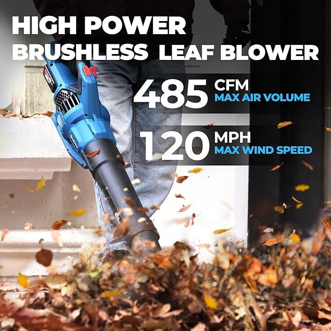 Dong Cheng Brushless 20V Leaf Blower, 485 CFM Variable Speed & Turbo Mode, Cordless Leaf Blower with 3 Nozzles, Shoulder Strap, 4.0Ah Battery and Charger, Blowing Leaves for Patio, Lawn & Garden - NeatNest