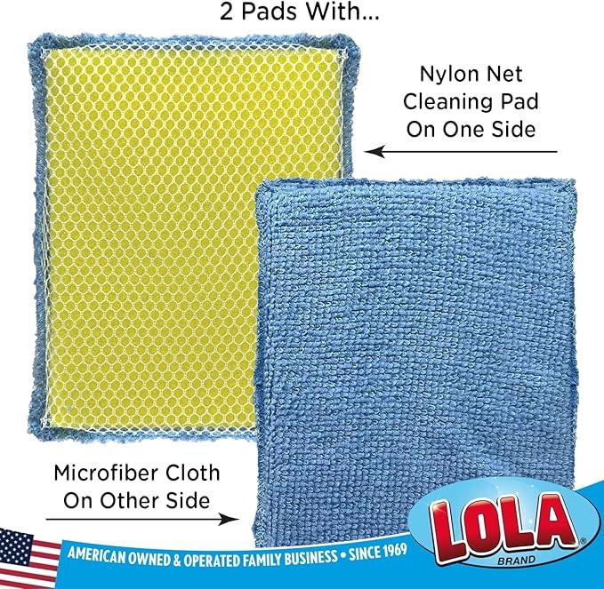 LOLA Microfiber & Nylon Net Sponges, 4 Pack, 2 Dual Sided Non Scratch Sponge Pads & 2 w/Microfiber Cloth One Side and Nylon Net Other Side - NeatNest