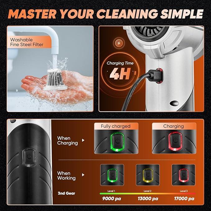 Saker Portable Handheld Vacuum Cordless Portable 17000PA Foldable Car Vacuum Cleaner Mini Dust Blower with Brushless Motor for Office Pet and Home Cleaning HL133 - NeatNest