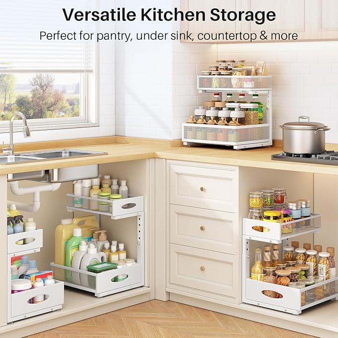 Under Sink Organizer, 2 Tier Pull Out Under Cabinet Organizer Shelf with Pad for Framed Cabinets, Metal Slide Out Under Sink Storage, Mesh Sliding Drawers for Kitchen Bathroom Laundry(White, 1 Pack) - NeatNest