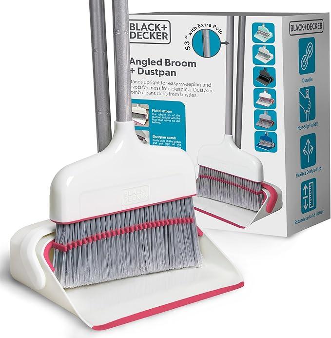 BLACK+DECKER Butler Broom & Dustpan Set - Stand-Up Design - Lightweight, Space-Saving Combo for Kitchen, Living Room, Bathroom, Lobby Floors - Home Cleaning Essential, White/Pink - NeatNest