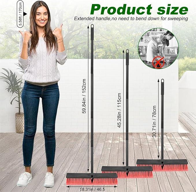 18 Inches Push Broom Outdoor- Heavy Duty Commercial Broom with 64.5" Long Handle and Stiff Bristles for Patio Garage Deck Concrete Wood Stone Tile Driveway Yard Warehouse Shop Floor Cleaning - NeatNest