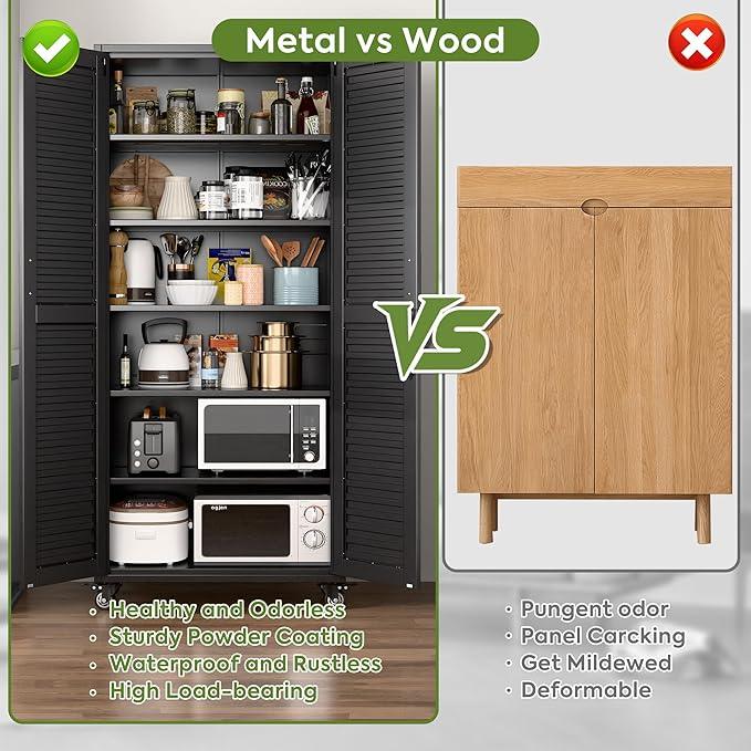 SUXXAN Garage Storage Cabinet with Wheels Pegboard and 5 Adjustable Shelves, 71"x 31.5"x15.8" Metal Lockable Cabinet with Louvered Doors, Tool Storage, Home Office Garage, Gym, School (Black) - NeatNest