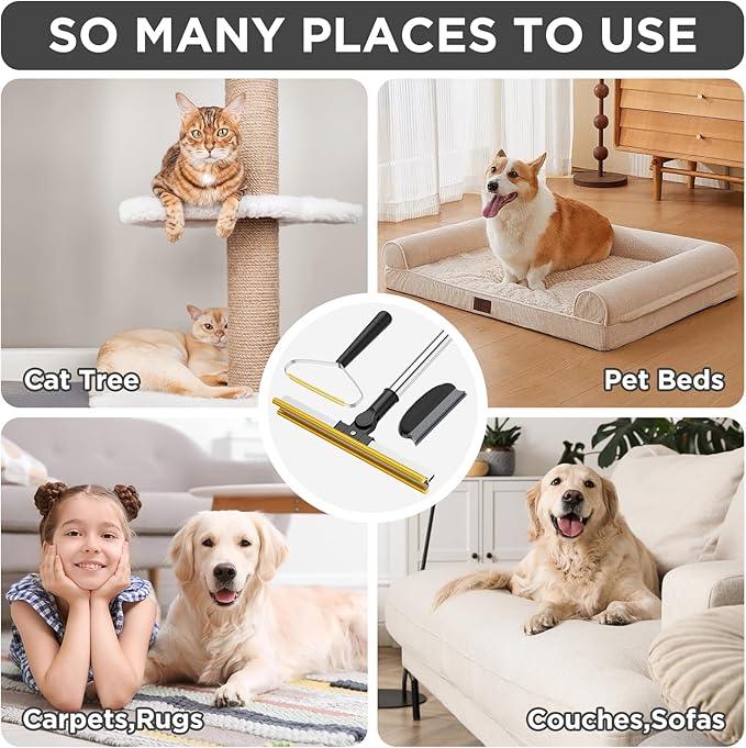 3 in 1 Carpet Rake for Pet Hair Removal, Tool Set of 3, 55” Long Handle Carpet Pet Hair Removal Carpet Scraper Dog Cat Hair Remover for Sofa, Couch, Car, Rug (Black) - NeatNest