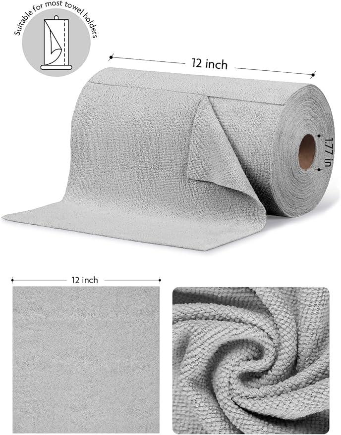 Fantasticlean Microfiber Cleaning Cloth Roll -675 Pack, Tear Away Microfiber Towels, 12" x 12", Reusable, Washable, Ultra Absorbent Dishcloth for Home Supplies, Car, Shop (9 Rolls of Grey) - NeatNest