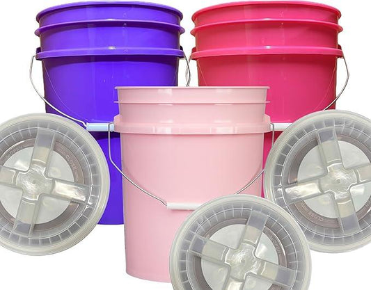 House Naturals 5 Gallon Food Grade, BPA Free, Made in USA, Plastic Bucket, 3 Colors, (Pack of 3) (5G-Pink-Magenta-Purple HN Clear lids) - NeatNest
