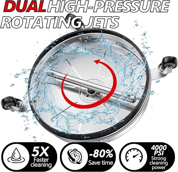 16" Pressure Washer Surface Cleaner Pro with 4 Wheels, Stainless Steel 2 Extension Wands, Power Washer Surface Cleaner Hot Water Supported for Patio Decker Concrete Driveway, 3000 PSI - NeatNest
