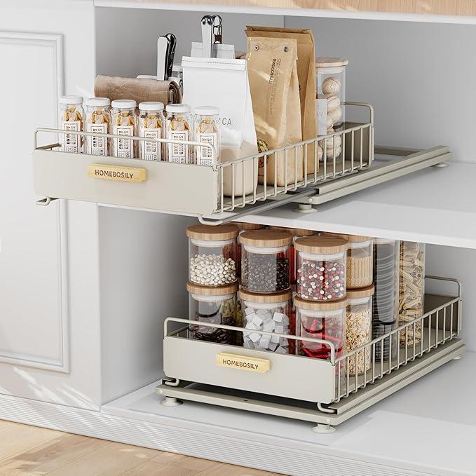 Under Sink Organizer, 2 Pack Pull Out Kitchen Cabinet Organizer, Mute Slide-Out Under Sink Organizers and Storage, Metal Kitchen Bathroom Organizers and Storage Shelves, Grey - NeatNest