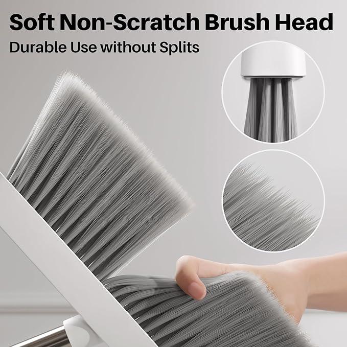 JOYMOOP White Broom and Dustpan Set, Upright Angle Design with Built-in Comb Teeth for Kitchen, Office, Pet Hair, Hard Floors - NeatNest