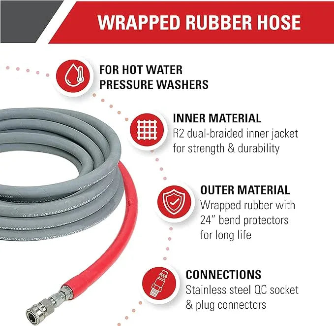 Simpson Cleaning 41186 Wrapped Rubber 8000 PSI Pressure Washer Hose, Hot and Cold-Water Use, Industrial Strength, 3/8 Inch Inner Diameter, 200 Feet, Gray - NeatNest