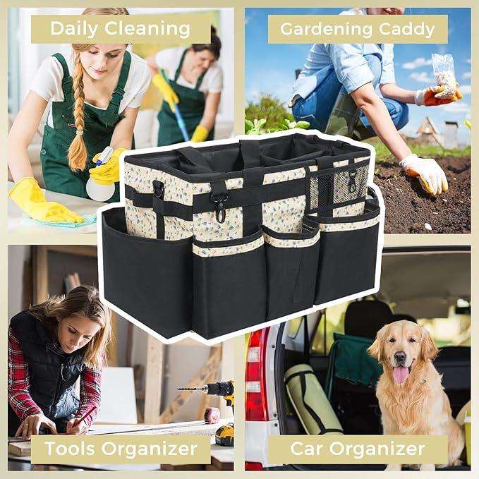 Wearable Cleaning Caddy, Cleaning Caddy Supplies Organizer with Handle & Shoulder Straps for Housekeepers, Under Sink & Car Cleaning Tool Organizers Bag with 4 Foldable Divider (YellowFlower) - NeatNest