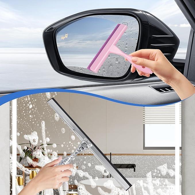2-Pack Shower Squeegee for Glass Doors, 10 inch Silver Stainless Steel & 5 inch Pink Mini with 2 Hooks, Non-Slip Hammered Handle, Silicone Wiper for Shower, Bathroom, Tile and Mirror - NeatNest