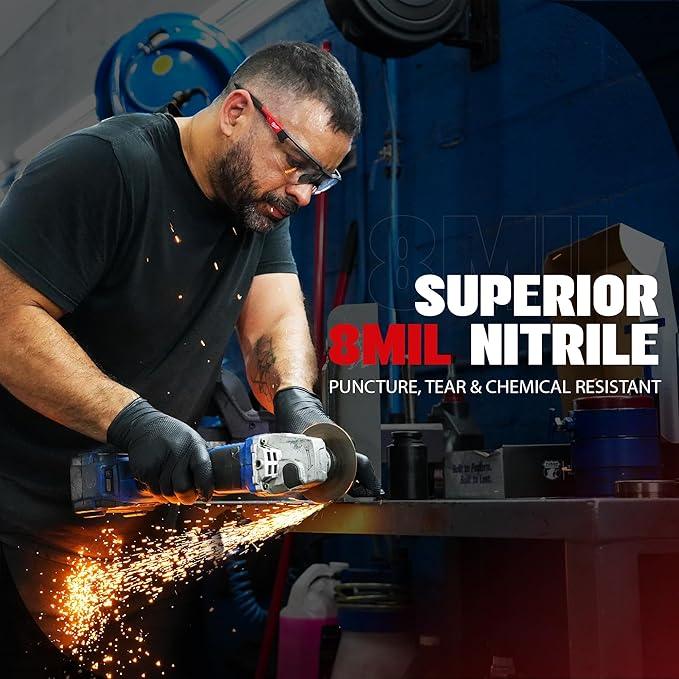 Herkules Grip Heavy Duty 8Mil Black Nitrile Gloves,3D Raised Diamond Texture-Latex & Powder-Free Industrial, Mechanic - NeatNest