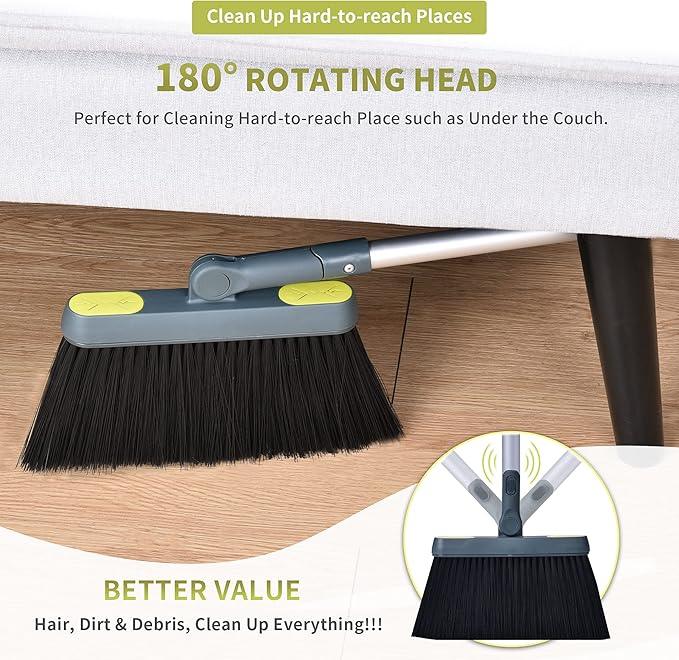 Broom and Dustpan Set for Home with 54" Long Handle, Upright and Lightweight Dust pan and Brush Combo for Kitchen Room Office Lobby Floor Cleaning, Dark Green - NeatNest