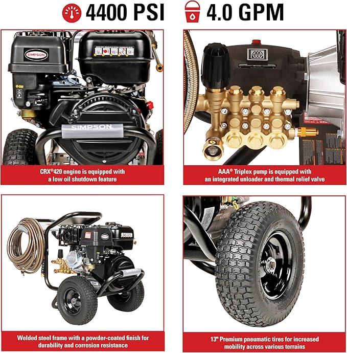 Simpson 4400 PSI Gas Pressure Washer, 4.0 GPM Commercial Power Washer, Cold Water, 50' Hose, PowerShot, 49-State Compliant (PS60843) - NeatNest