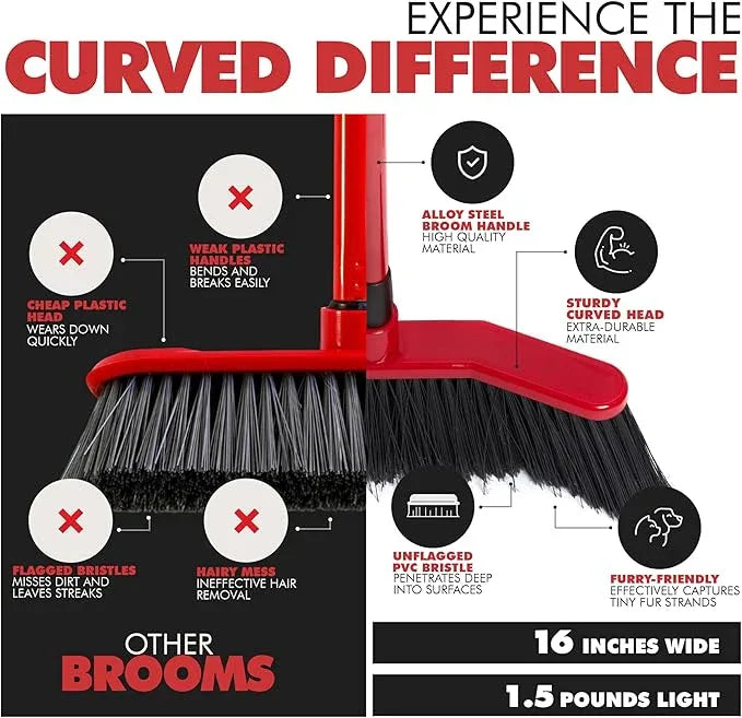 Da Vinci Curved Angle Broom & Dustpan Combo Pack (2) - Heavy Duty Broom for Indoor/Outdoor Sweeping, Steel Telescopic Handle, Durable PVC Bristles, Ideal for Pet Hair, Dust, Kitchen & Rough Surfaces - NeatNest