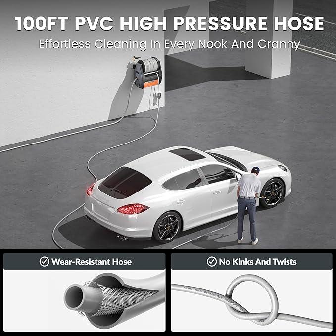 Giraffe Tools Grandfalls Retractable Pressure Washer Pro, Wall Mounted Pressure Washer with 1800W Brushless Motor, 3700PSI Electric Power Washer with 100ft Pressure Hoses, Dark Silver - NeatNest