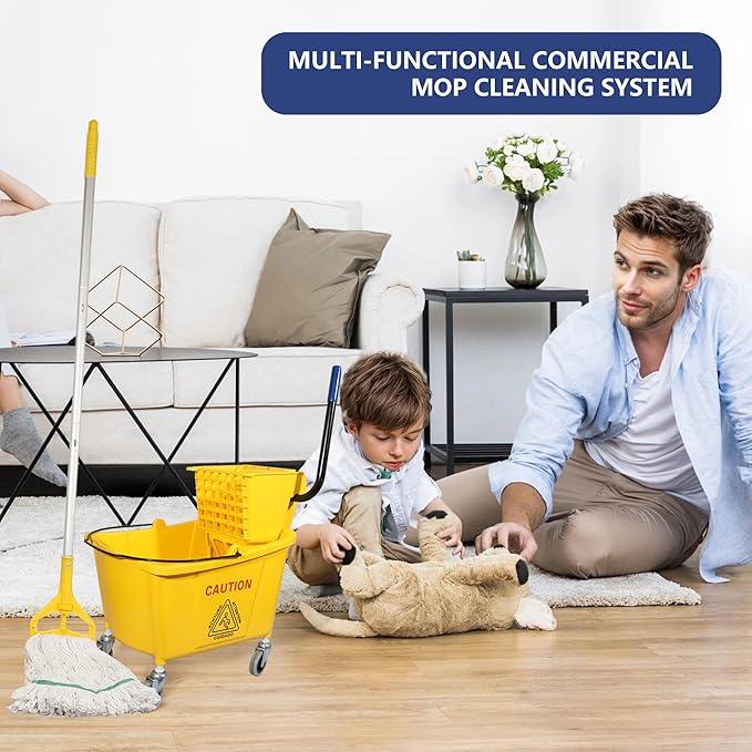 35Qt. Side-Press Mop Bucket and Wringer Combo on Wheels, Yellow, for Floor Cleaning/Wet Mopping,Including One Commercial Mop and Wet Floor Caution Sign (24inch) - NeatNest