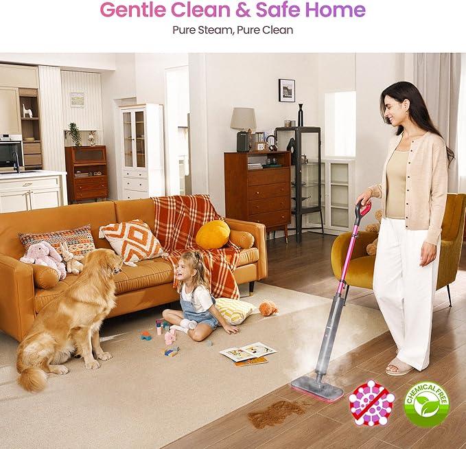 Schenley Steam Mop Cleaner Powerful - 15s Fast Heat-Up, Chemical-Free for Hardwood/Tile/Laminate & Floors/Walls, Washable Pads, 3 Modes for Carpet, Lightweight, Self-Standing, Sleek Design - NeatNest