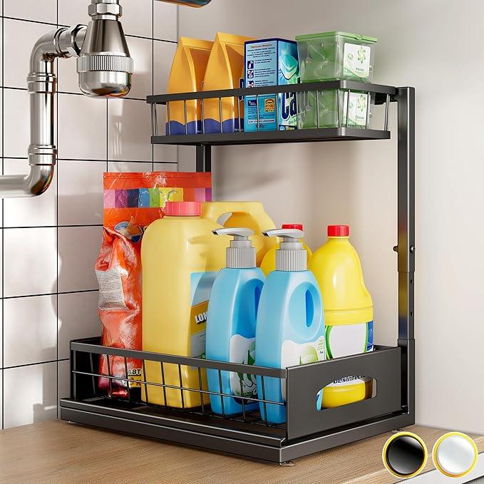 Under Sink Organizer and Storage, Height Adjustable Cabinet Organizer with Slide Out Drawer, Pull Out Under Sink Storage, Multi-Purpose 2 Tier Sink Shelves for Kitchen Bathroom Pantry (Black, 1 Pack) - NeatNest