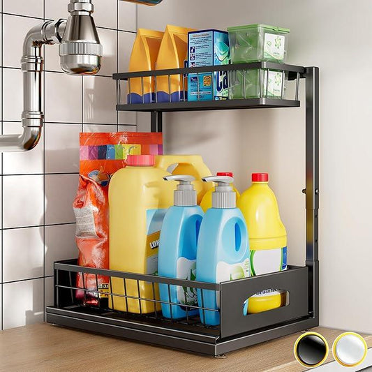 Under Sink Organizer and Storage, Height Adjustable Cabinet Organizer with Slide Out Drawer, Pull Out Under Sink Storage, Multi-Purpose 2 Tier Sink Shelves for Kitchen Bathroom Pantry (Black, 1 Pack) - NeatNest