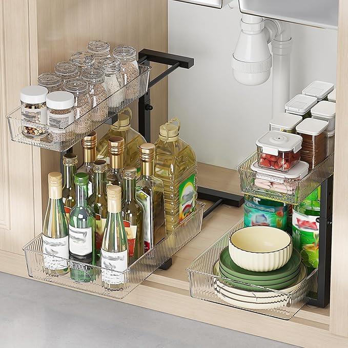 2 Pack Under Sink Organizer, 2 Tier Pull Out Storage Organizer, Slide Out Storage Shelf for Bathroom & Kitchen, Under Cabinet Organizer and Storage with 5 Gears Height Adjustable (Black) - NeatNest