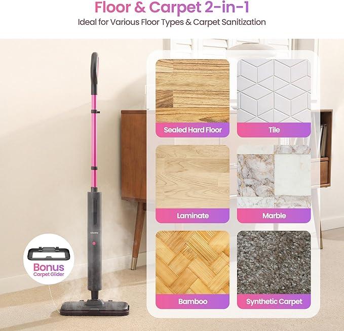 Schenley Steam Mop Cleaner Powerful - 15s Fast Heat-Up, Chemical-Free for Hardwood/Tile/Laminate & Floors/Walls, Washable Pads, 3 Modes for Carpet, Lightweight, Self-Standing, Sleek Design - NeatNest