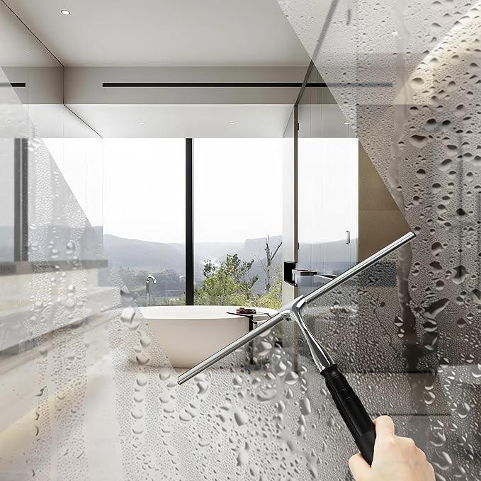 Window Squeegee for Home, 2 in 1 Window Washing kit with Extension Pole Long Handle Squeegee for Shower Glass Floor Tile Wall Car Windshield, 12 inch Wide, Black - NeatNest