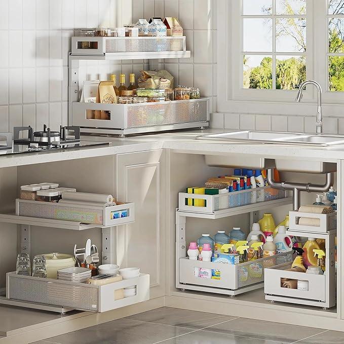 2 Pack 18.5IN-Depth Under Sink Organizer With Next-Gen Ball-Bearing Slides,2-Tier Pull Out Cabinet Storage,Height Adjustable Drawer Shelf for Bathroom,Kitchen,Laundry,Cabinet,Pantry-White - NeatNest