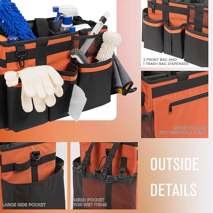 Wearable Cleaning Caddy, Cleaning Caddy Supplies Organizer with Handle & Shoulder Straps for Housekeepers, Under Sink & Car Cleaning Tool Organizers Bag with 4 Foldable Divider (RetroOrange) - NeatNest