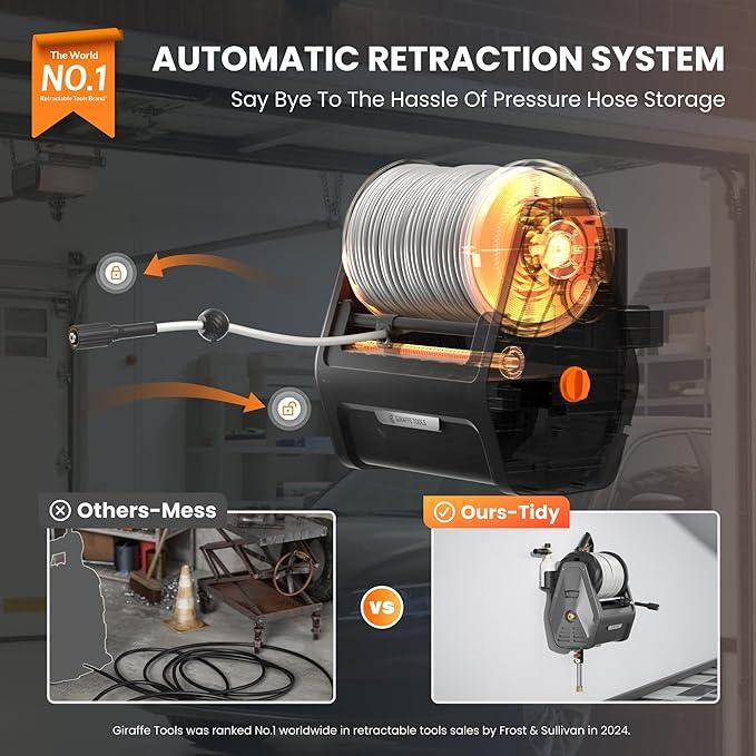 Giraffe Tools Grandfalls Retractable Wall Mount Pressure Washer Plus, Max 2900PSI 2.2 GPM, Electric Power Washer with 100ft Pressure Hose for Car/Patios, Automatic Rewind, Dark Silver - NeatNest