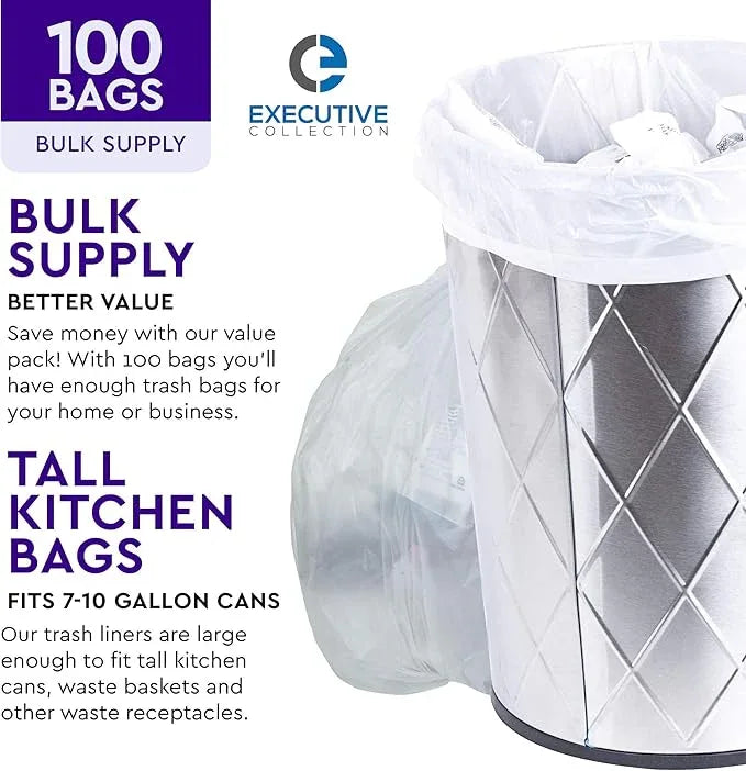 Clear 7-10 Gallon Trash Bags, Bulk Pack - Medium Size Garbage Bin Liners for Office, Bedroom and Kitchen Wastebasket Cans - by Executive Collection (100 Bags) - NeatNest