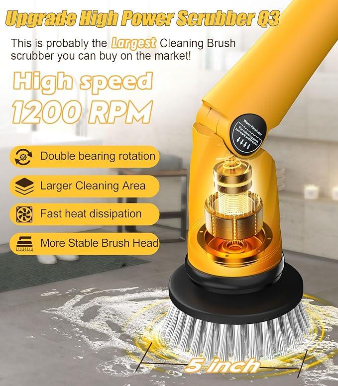Qimedo Electric Spin Scrubber Extra Large Brush Q3,6000 mAh Best Battery Power Scrubber for Cleaning,1200RPM Shower Cordless Cleaning Brush with 8 Brushes for Bath/Tub/Tile/Floor (Smart Display) - NeatNest
