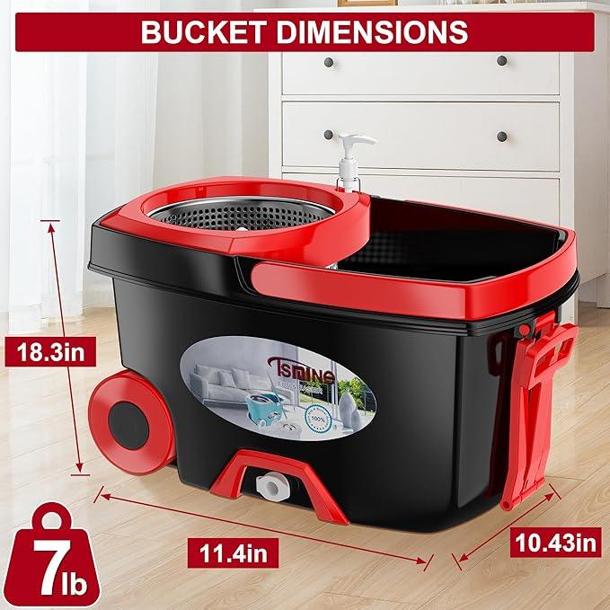 FunClean 360° Spin Mop and Bucket Set with Wringer, 6 Extra Microfiber Heads, 61" Extended Handle for Effortless Floor Cleaning, 2X Wheel Design - Black - NeatNest