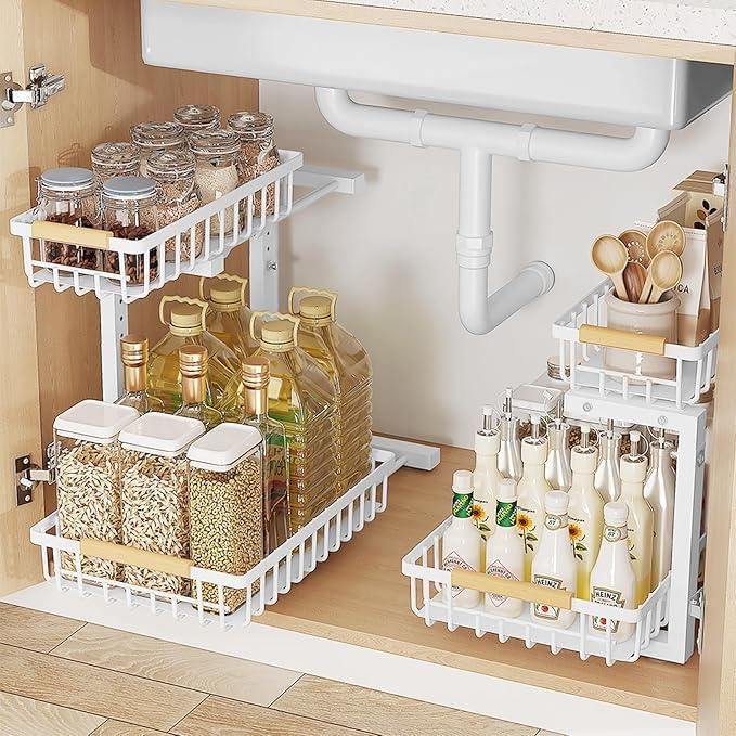 2 Pack 2 Tiers Pull Out Under Sink Organizers, Metal Kitchen Storage Shelf, Pull Out Under Sink Storage Rack, Multi-purpose Under Sink Shelf Organizer for Under Sink Cabinet Bathroom Kitchen (White) - NeatNest