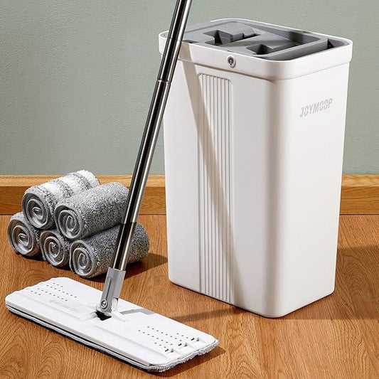 JOYMOOP Mop and Bucket with Wringer Set, White Flat Squeeze Mop Bucket Set for Floor Cleaning, Wet Dry Mop for Walls, Wall Cleaner with Long Handle, Hardwood Floor Mop-5 Microfiber Cloths - NeatNest