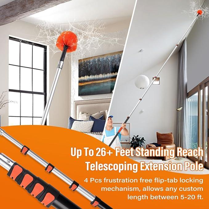 26 FT Cobweb Duster with Extension Pole,Spider Web Brush with Pole Extend 5-20FT,Spiderweb Cleaner with 4-Stage Telescopic Aluminum Pole,Spider Brush Cobweb for Outdoor & Indoor Cleaning - NeatNest