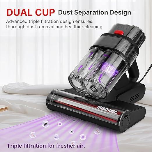 Shop-Vac Mattress Vacuum Cleaner, 14KPa Powerful Bed Vacuum with 253.7nm UV-C Light, 36960 RPM/Min Tapping, HEPA Filter & Ultrasonic, Dual Cup Filtration, for Bed, Sofa, Couch, 400W, 15.4 ft Corded - NeatNest
