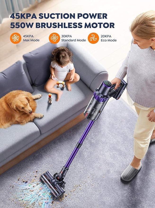 Cordless Vacuum Cleaner, 2 Batteries 110 Mins Runtime Vacuum Cleaners for Home, 45KPA 550W Stick Vacuum with Brushless Motor, Automatically Adjust Suction, Handheld Vacuum for Pet Hair/Carpet/Floor - NeatNest