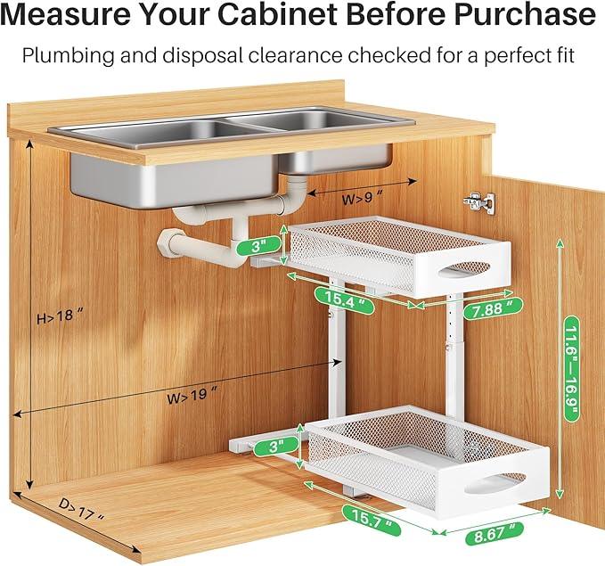 Under Sink Organizer, 2 Tier Pull out Cabinet Organizer Baskets with Mesh Sliding Drawers, Slide out Storage Shelf for Home, Kitchen, Bathroom, Pantry, Office Cabinet(1 Pack, White) - NeatNest