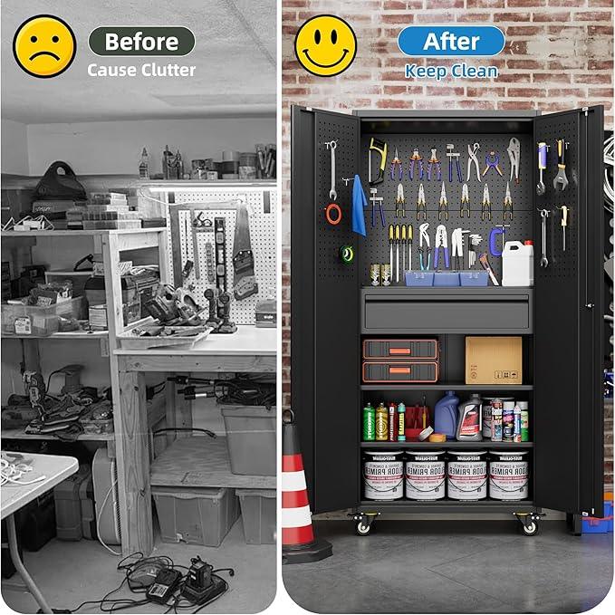 SUXXAN 71" Metal Garage Storage Cabinet with 16 Hooks and Pegboards,1 Drawer Inside Rolling Tool Storage Cabinet with Adjustable Shelves,3 Metal Hanging Rod for Garage,Warehouse - NeatNest