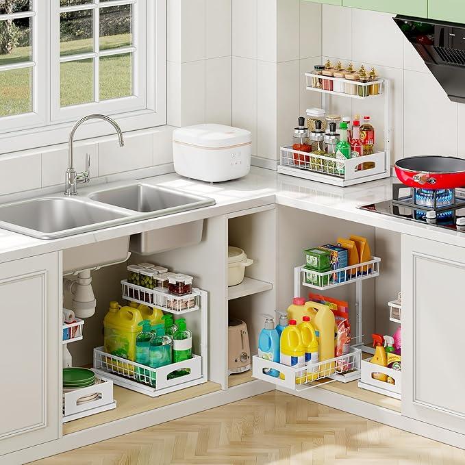 Under Sink Organizer, 2 Pack Height Adjustable Cabinet Organizer with Slide Out Drawer, Pull Out Under Sink Storage, Multi-Purpose 2 Tier Sink Shelves for Kitchen Bathroom Pantry (White, 2 Pack) - NeatNest
