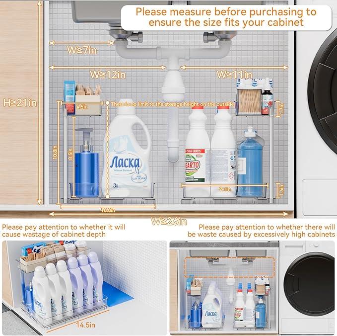 Yieach 2 Pack 14.5″ Deep Pull Out Under Sink Organizer,10.8″ High 2 Tier Slide Out Cabinet Organizer for Kitchen Cabinet,Undersink Organizers,Under Sink Shelves,Bathroom Organizers and Storage,Clear - NeatNest